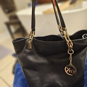 Michael Kors Black Leather Shoulder Bag with Gold Accents